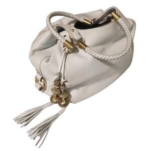 Vintage Italian white leather Antonio Melani lg handbag tote Y2K beads tassels